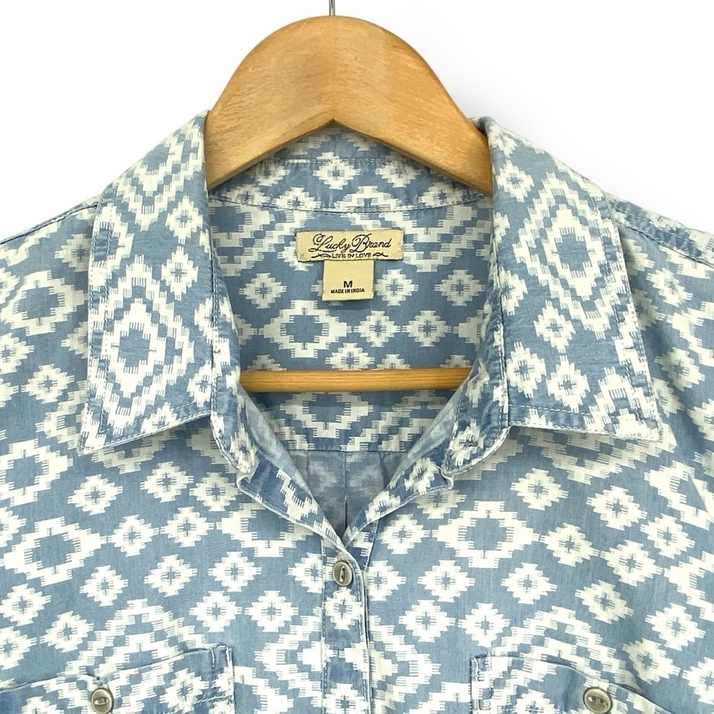 Lucky Brand Southwest Pattern Blue White Button Down LS Women's Dress, Medium - Picture 5 of 13